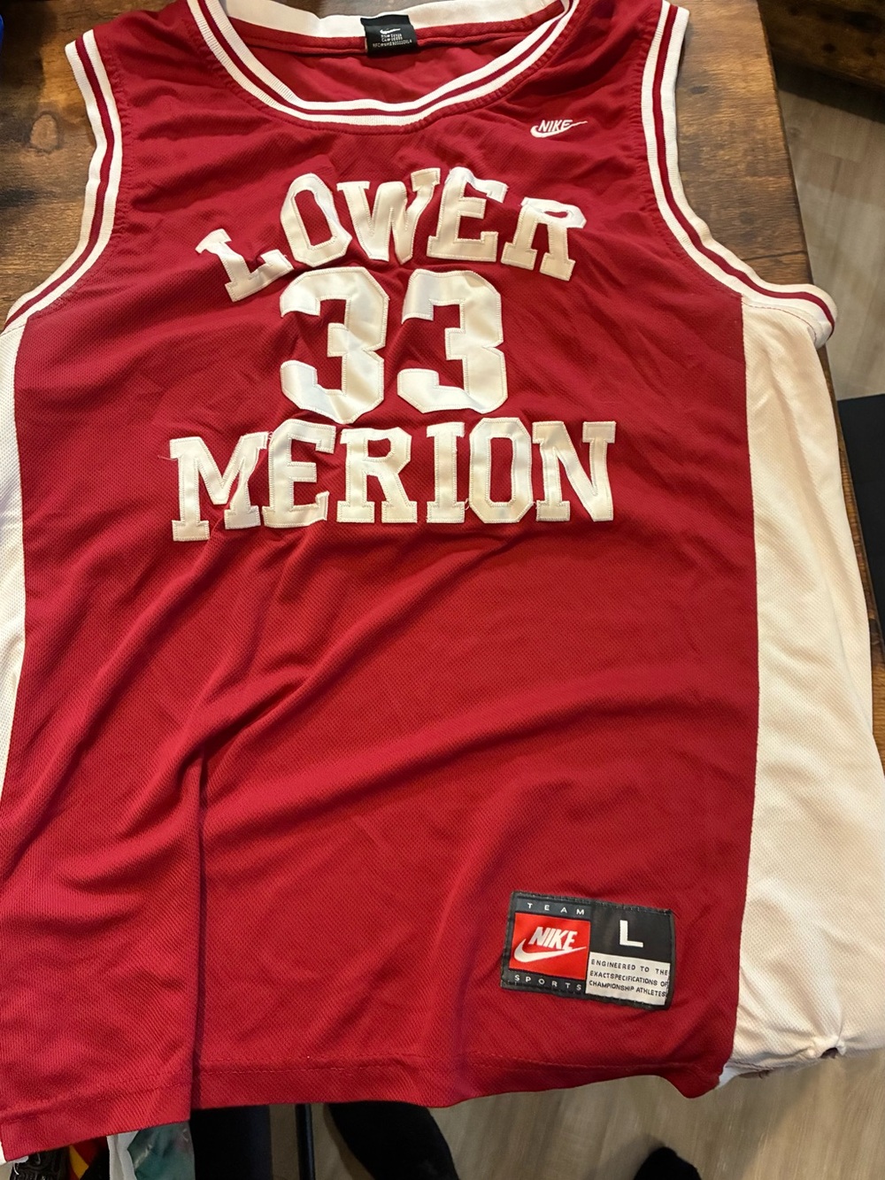 Nike Red and White Lower Merion #33 Basketball Jersey